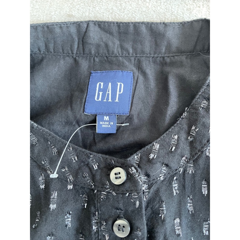 Gap Womens Black Silver Metallic Clip Dot Puff Sleeve Button Front Blouse M - Picture 6 of 12